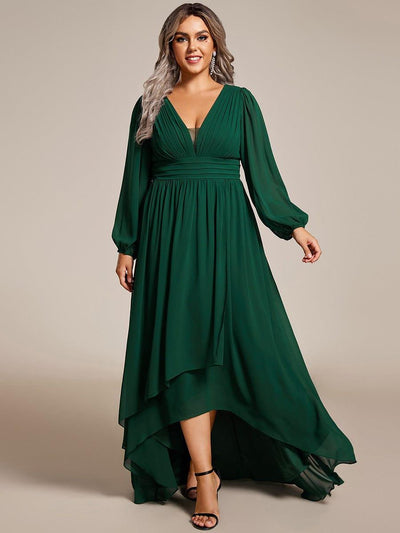 Plus Size Enchanting Chiffon Lantern Sleeve Pleated High Waist Bridesmaid Dress #color_Dark Green