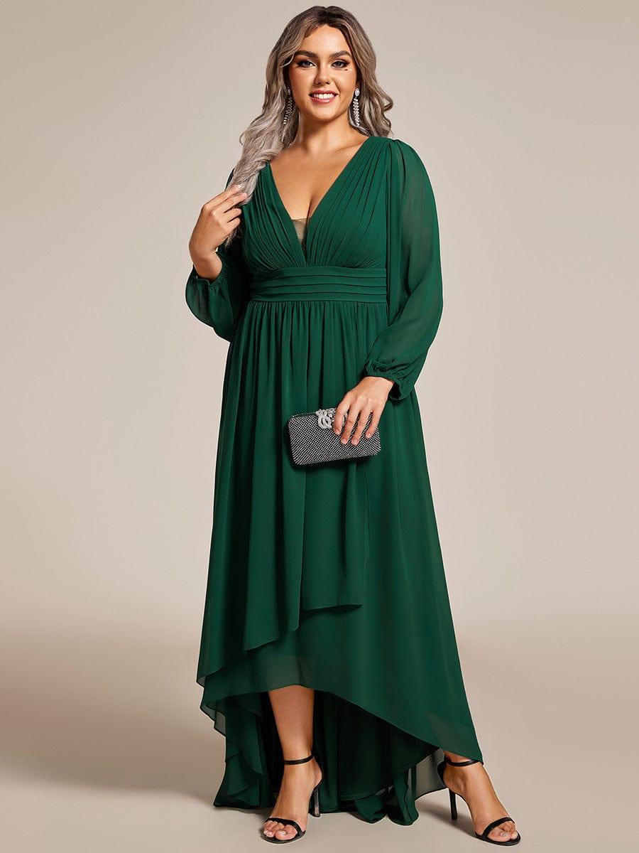 Plus Size Enchanting Chiffon Lantern Sleeve Pleated High Waist Bridesmaid Dress #color_Dark Green