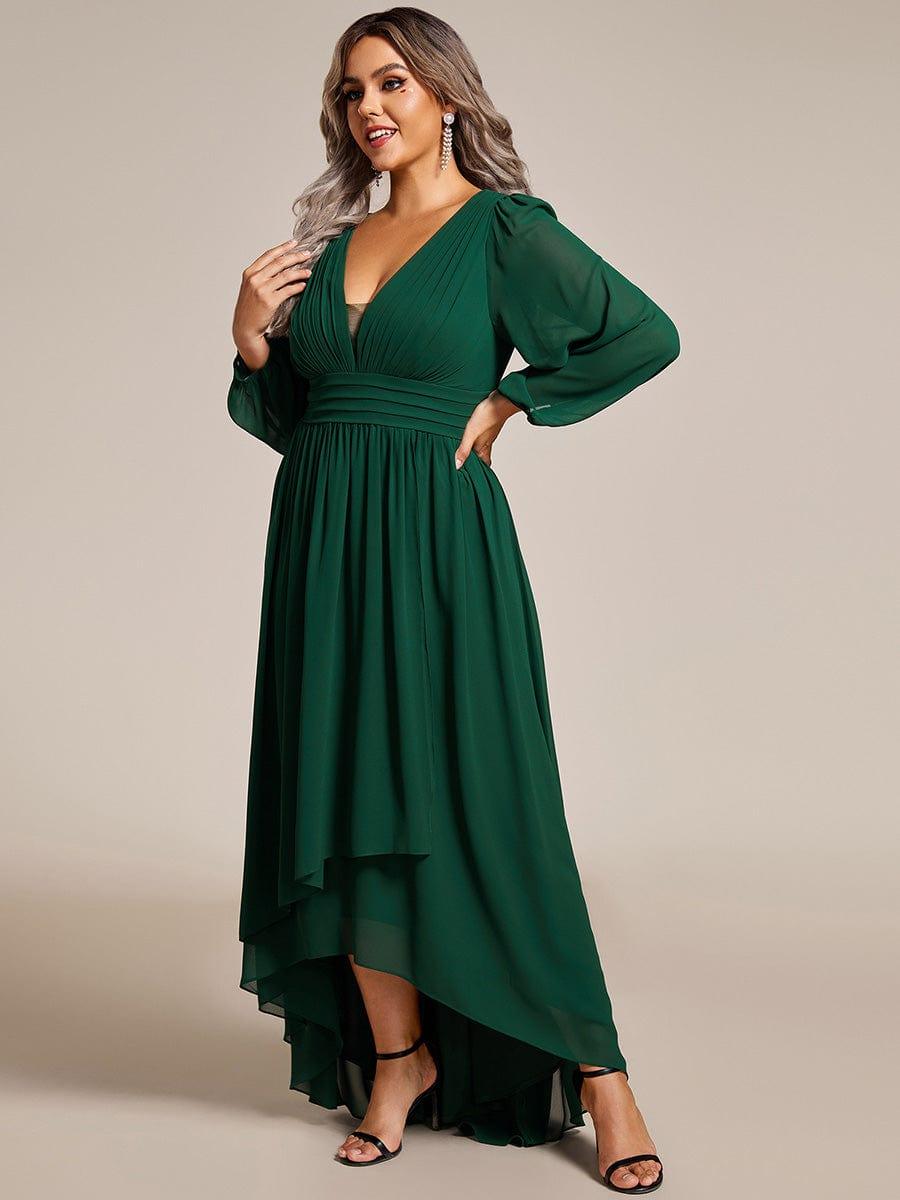 Plus Size Enchanting Chiffon Lantern Sleeve Pleated High Waist Bridesmaid Dress #color_Dark Green
