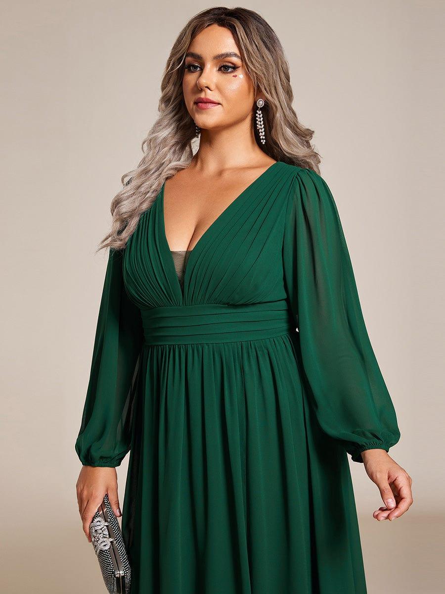 Plus Size Enchanting Chiffon Lantern Sleeve Pleated High Waist Bridesmaid Dress #color_Dark Green