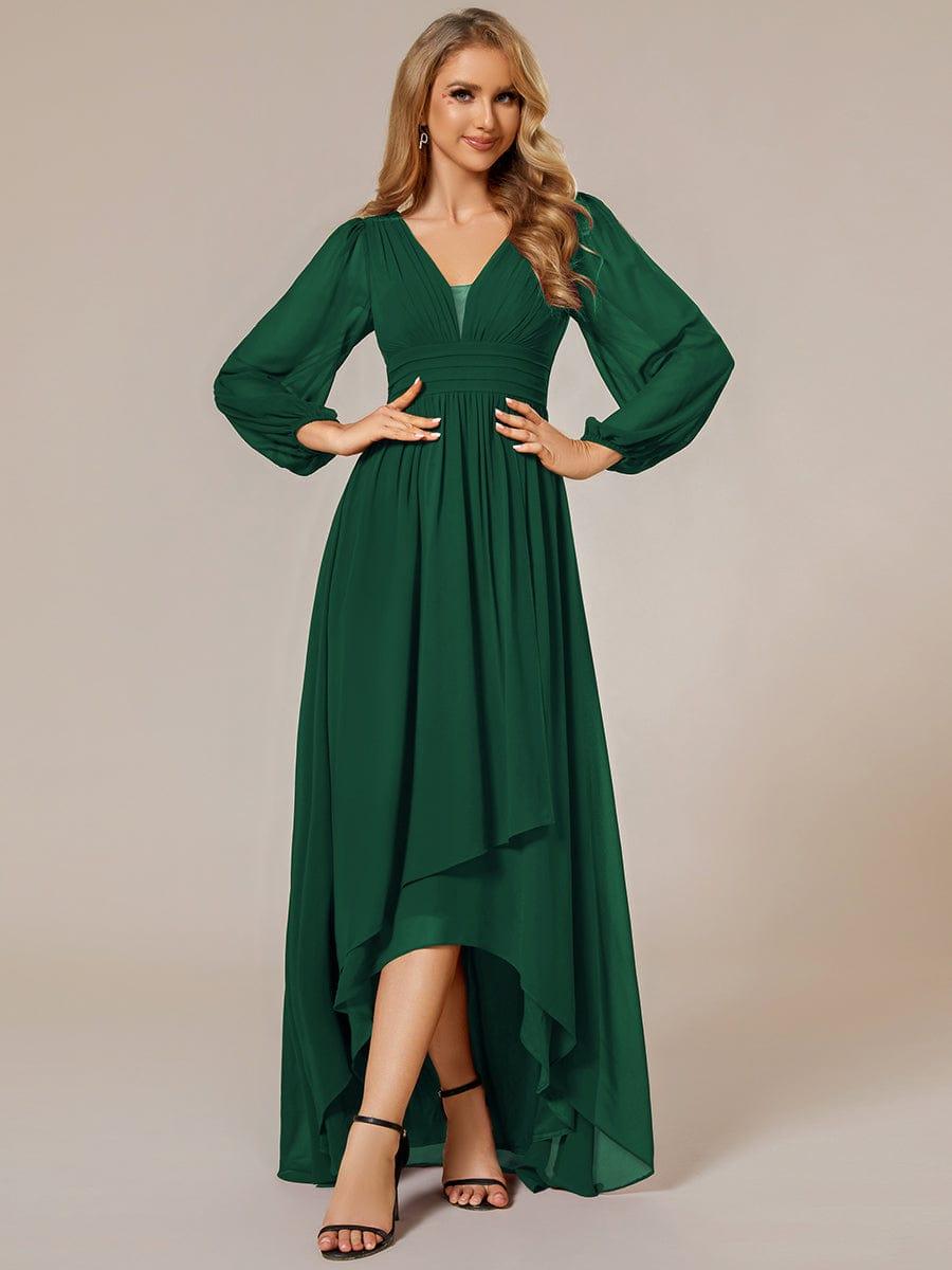 Romantic V-Neck Bridesmaid Gown with Lantern Sleeves and Pleated Waist(Final Sale)