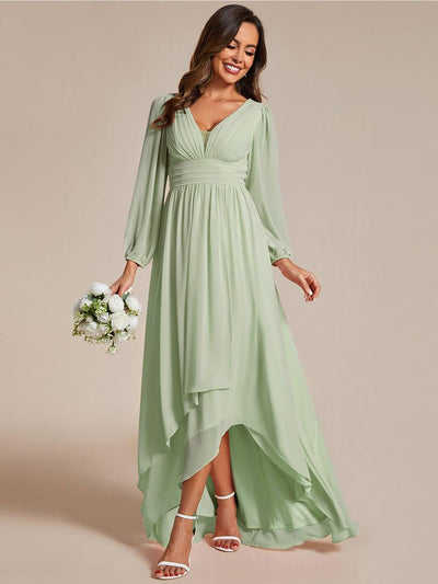 Enchanting Chiffon Lantern Sleeve Pleated High Waist Bridesmaid Dress #color_Mint Green