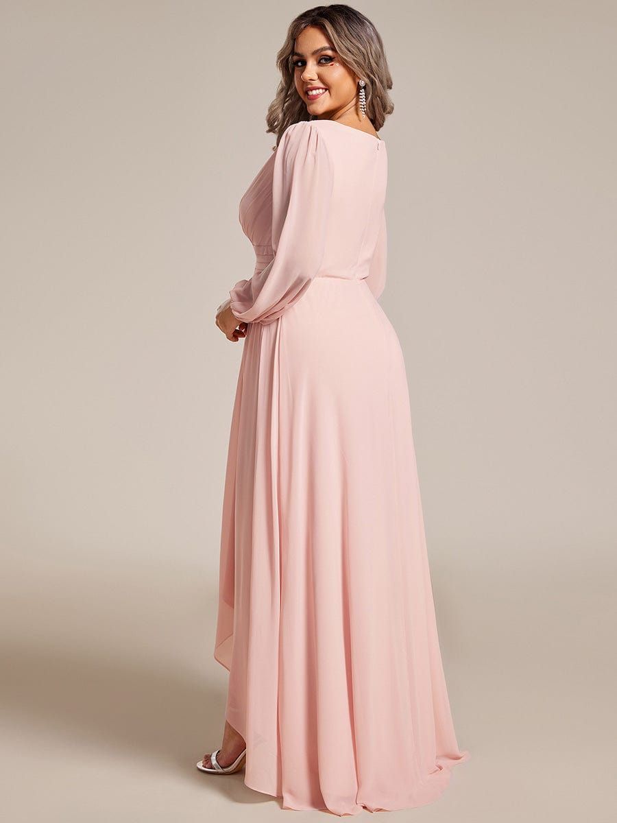 Plus Size Enchanting Chiffon Lantern Sleeve Pleated High Waist Bridesmaid Dress #color_Pink