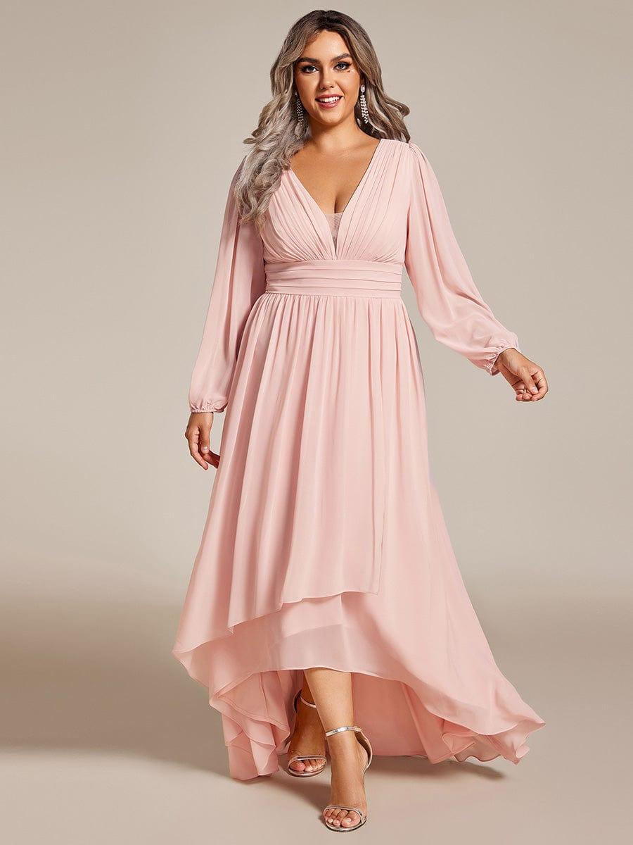 Plus Size Enchanting Chiffon Lantern Sleeve Pleated High Waist Bridesmaid Dress #color_Pink