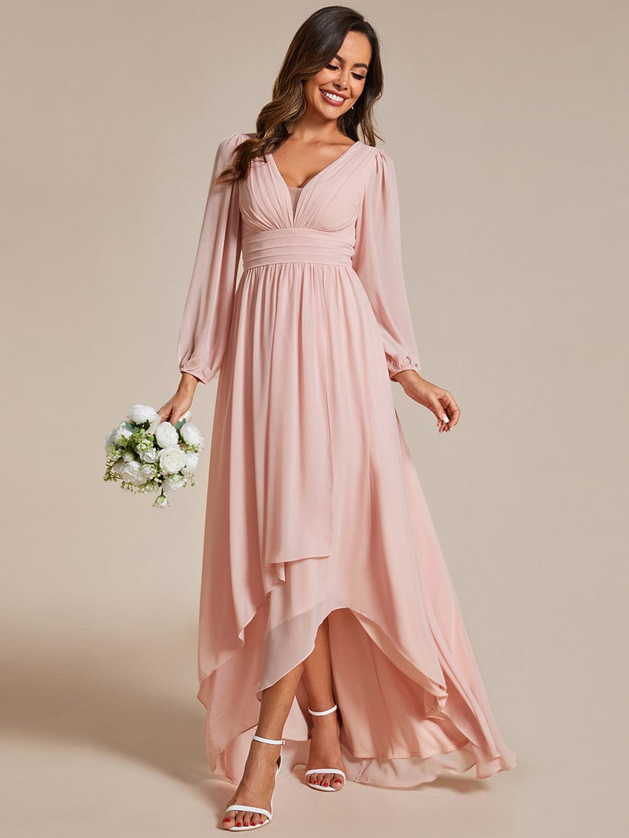 Enchanting Chiffon Lantern Sleeve Pleated High Waist Bridesmaid Dress #color_Pink