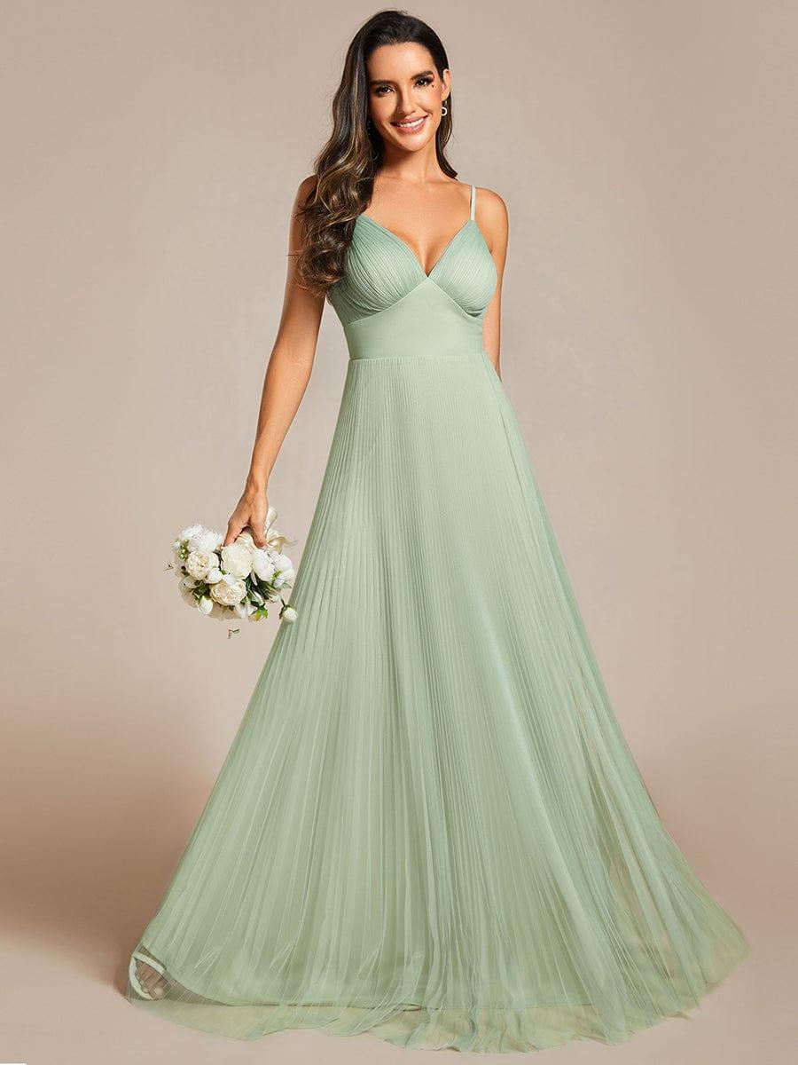 Tulle V-Neck Sleeveless Bridesmaid Dress with Pleats #color_Mint Green