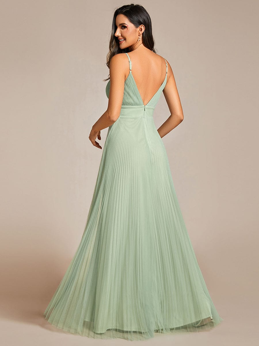 Tulle V-Neck Sleeveless Bridesmaid Dress with Pleats #color_Mint Green