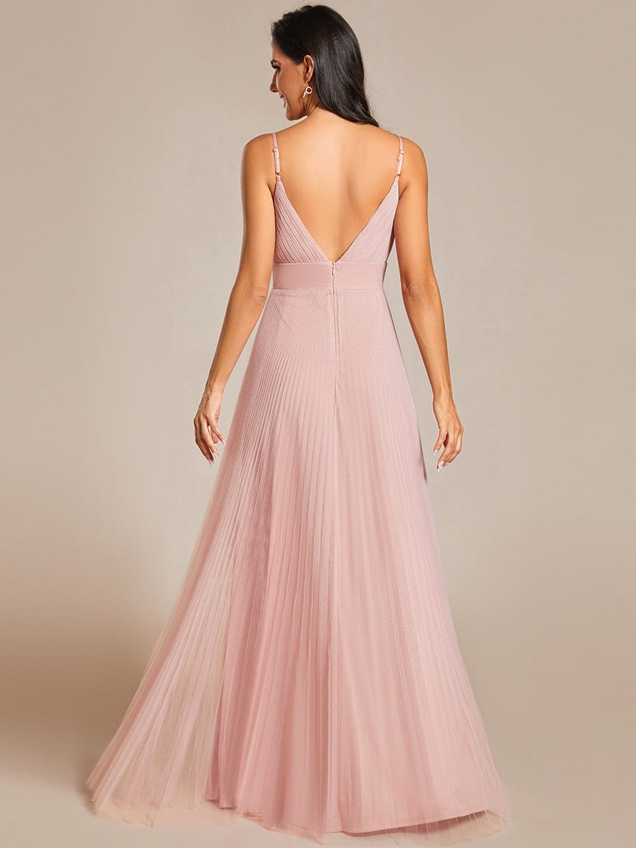 Tulle V-Neck Sleeveless Bridesmaid Dress with Pleats #color_Pink