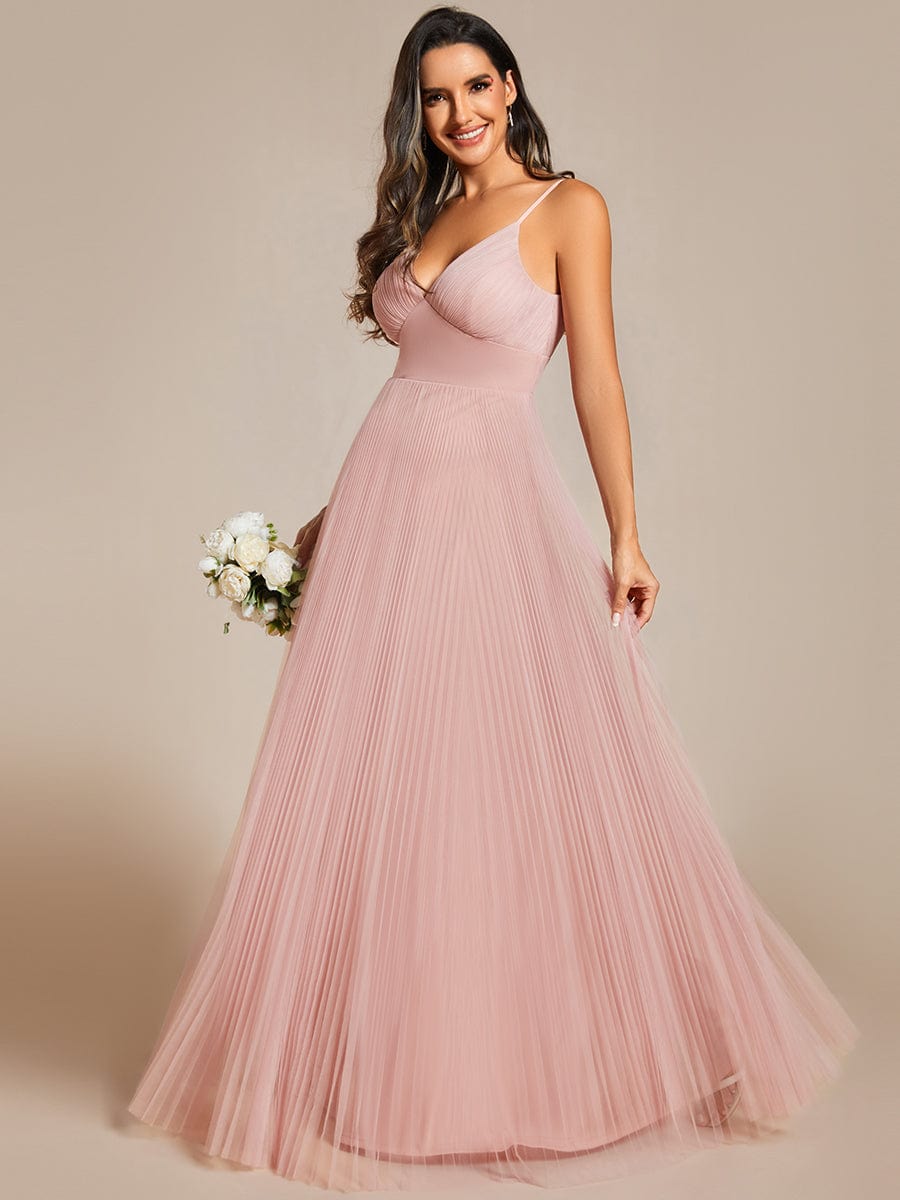 Tulle V-Neck Sleeveless Bridesmaid Dress with Pleats #color_Pink