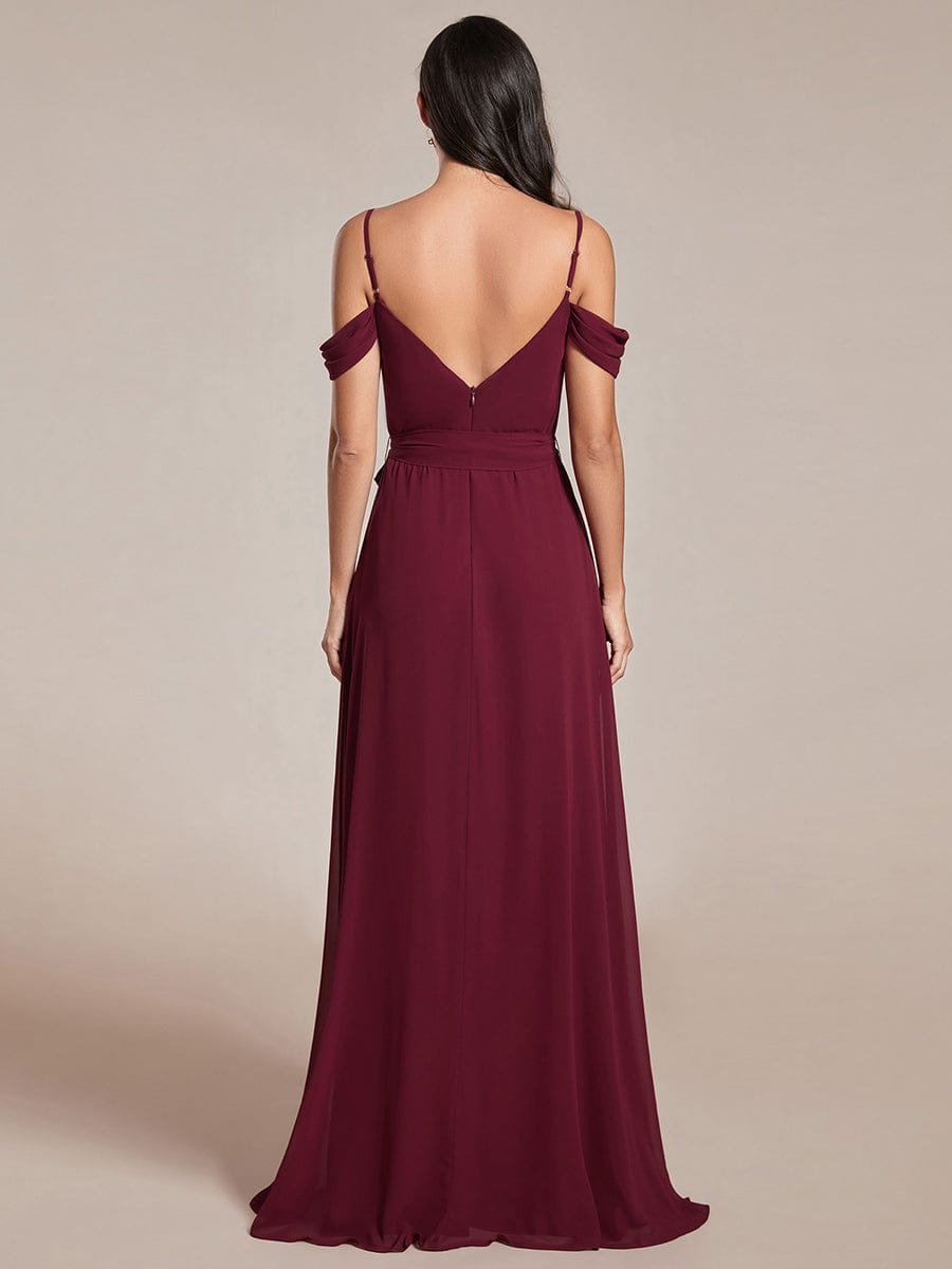 Chiffon V-Neck Spaghetti Strap Bridesmaid Dress with High Slit #color_Burgundy