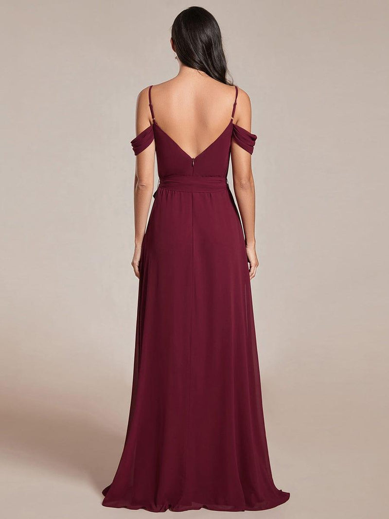 Spaghetti Strap Chiffon Bridesmaid Gown with V Neck Gold