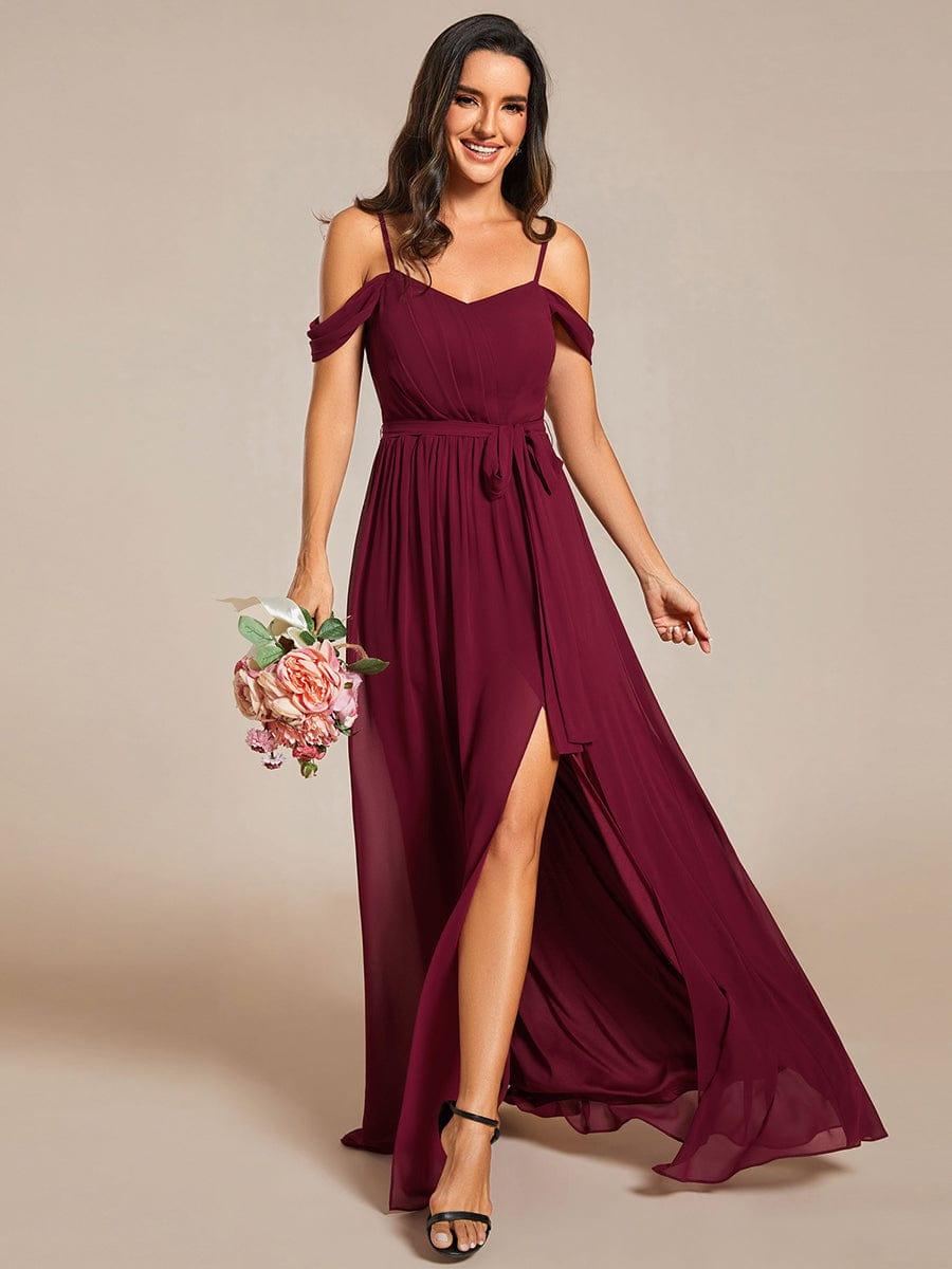 High slit V-Neck Chiffon Bridesmaid Gown featuring Spaghetti Straps