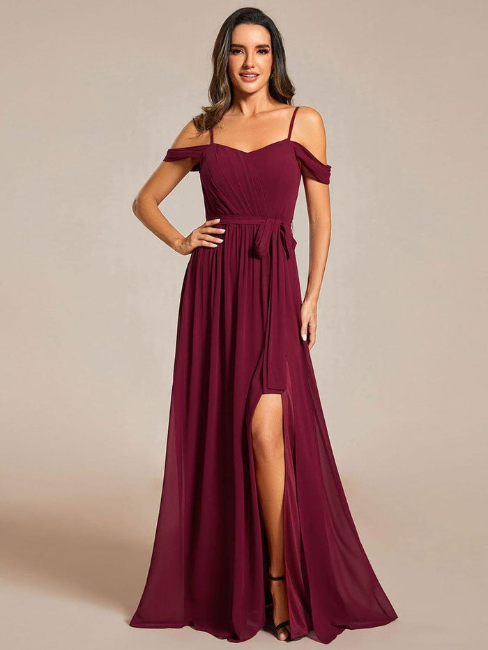 Spaghetti Straps V-Neck Slit Short Cheap Sleeveless Open-Back Bridesmaid Dress, FC1771 main image 1