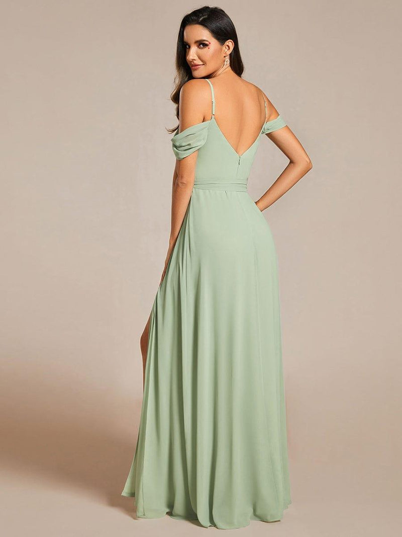 V-neckline Spaghetti Straps Slit Front Floor Length Chiffon Dress main image 1