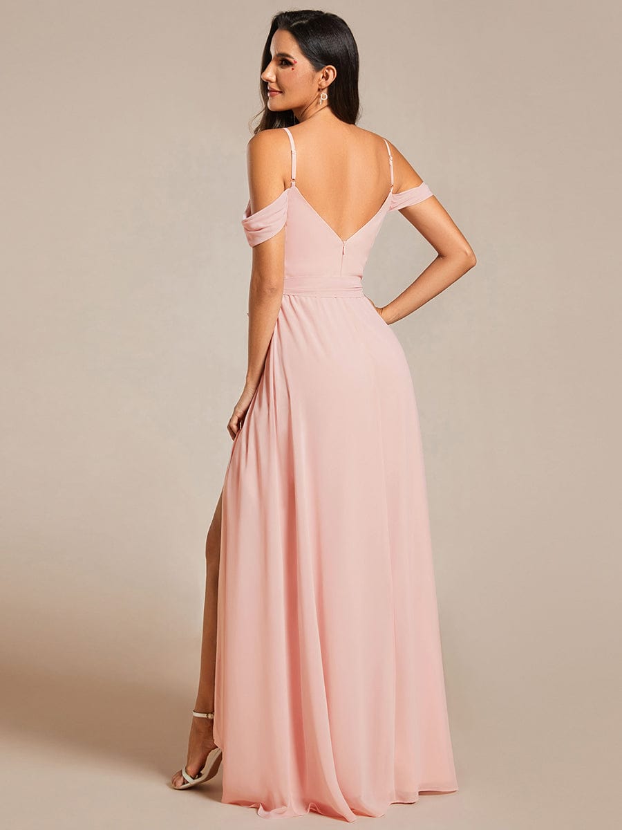 Chiffon V-Neck Spaghetti Strap Bridesmaid Dress with High Slit #color_Pink