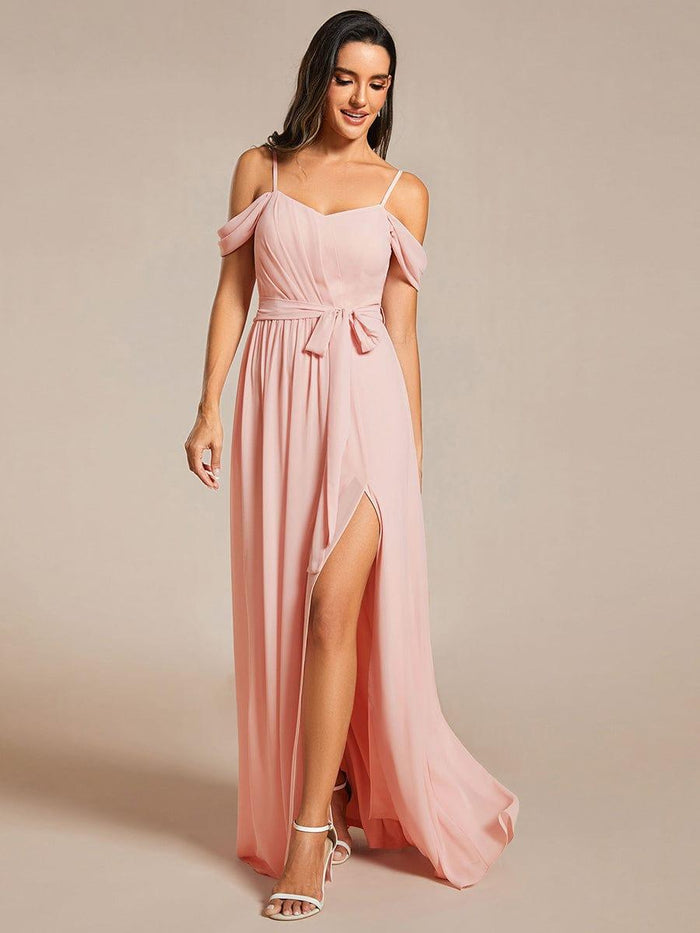 Spaghetti Strap Chiffon Bridesmaid Gown with V Neck White Plus Size main image 1