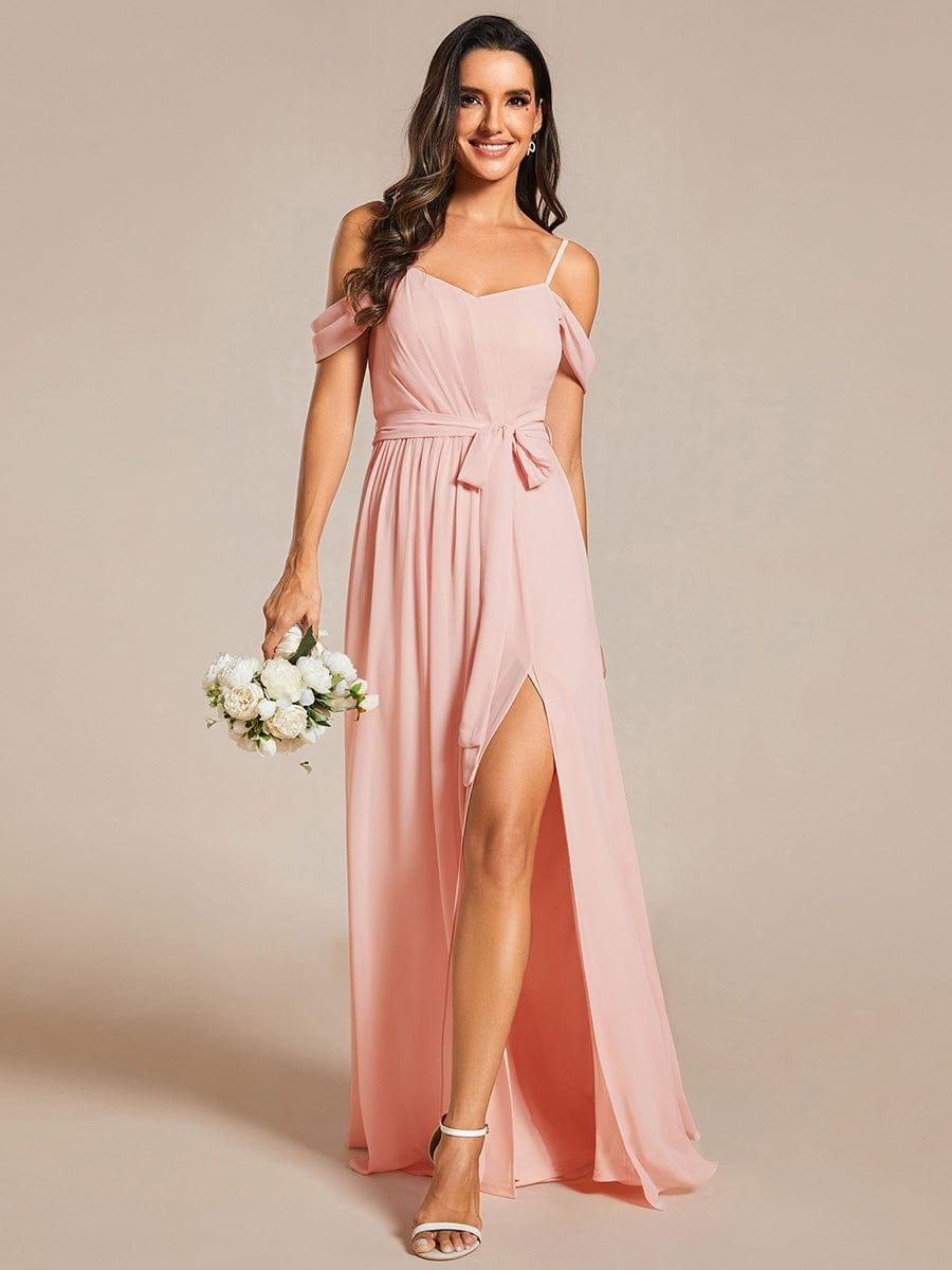 Chiffon V-Neck Spaghetti Strap Bridesmaid Dress with High Slit #color_Pink