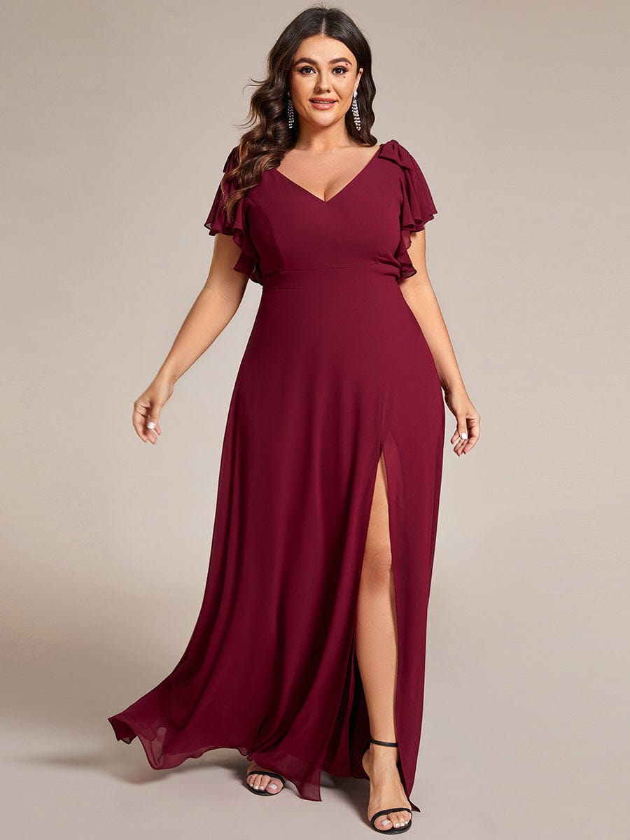 Plus Size Double V-Neck High Split Bridesmaid Dress with Ribbon Bow #color_Burgundy