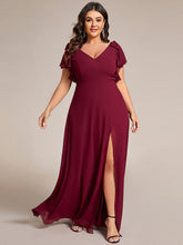 Plus Size Double V-Neck High Split Bridesmaid Dress with Ribbon Bow #color_Burgundy