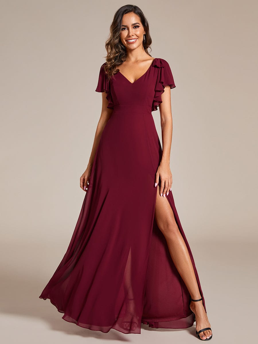 Double V-Neck High Split Bridesmaid Dress with Ribbon Bow #color_Burgundy