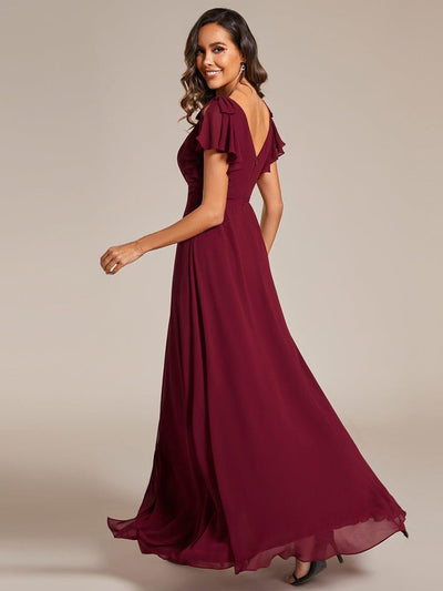 Double V-Neck High Split Bridesmaid Dress with Ribbon Bow #color_Burgundy