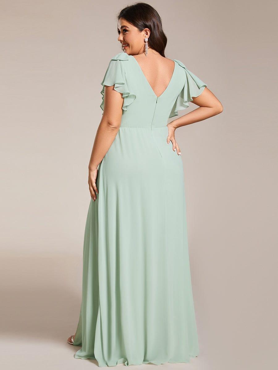 Plus Size Double V-Neck High Split Bridesmaid Dress with Ribbon Bow #color_Mint Green