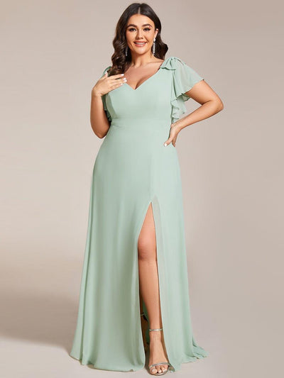Plus Size Double V-Neck High Split Bridesmaid Dress with Ribbon Bow #color_Mint Green