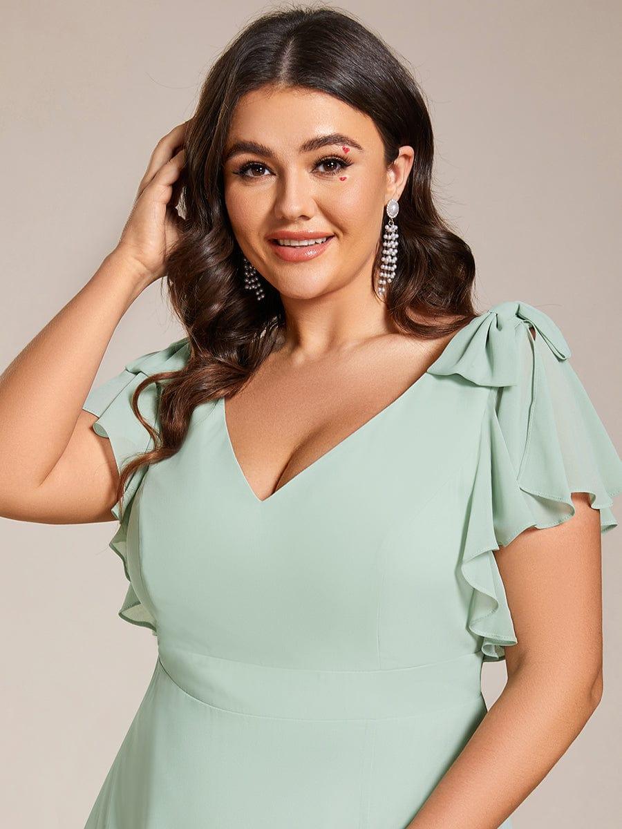 Plus Size Double V-Neck High Split Bridesmaid Dress with Ribbon Bow #color_Mint Green