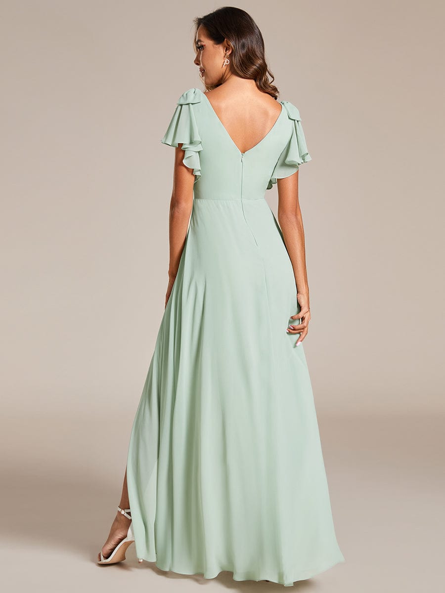 Double V-Neck High Split Bridesmaid Dress with Ribbon Bow #color_Mint Green