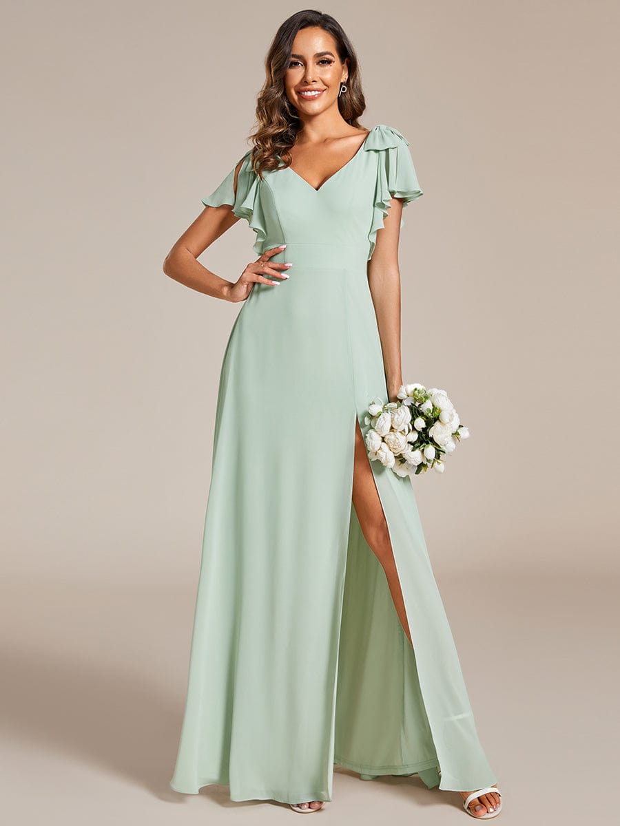 Double V-Neck High Split Bridesmaid Dress with Ribbon Bow #color_Mint Green