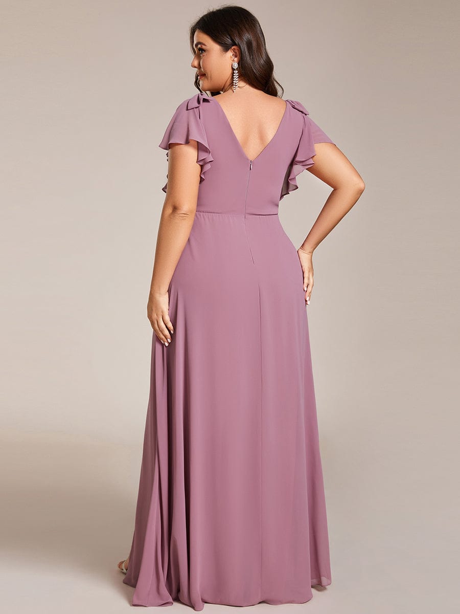 Plus Size Double V-Neck High Split Bridesmaid Dress with Ribbon Bow #color_Purple Orchid