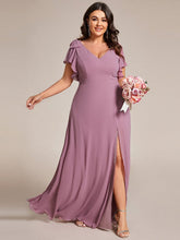 Plus Size Double V-Neck High Split Bridesmaid Dress with Ribbon Bow #color_Purple Orchid