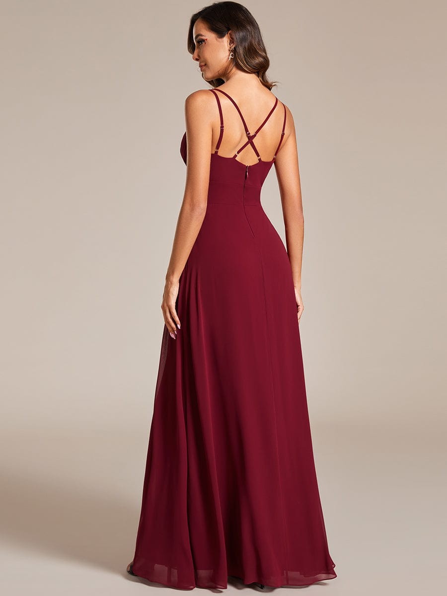 V-Neck Chiffon Bridesmaid Dress with High Slit #color_Burgundy