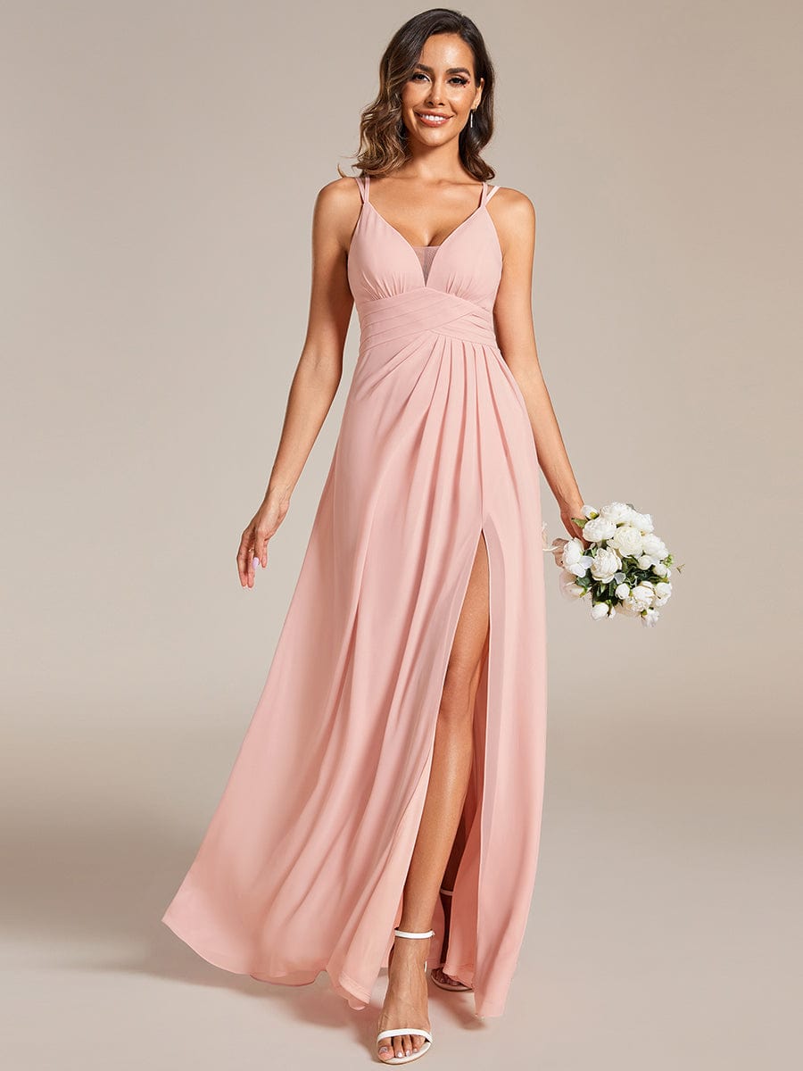 V-Neck Chiffon Bridesmaid Dress with High Slit #color_Pink