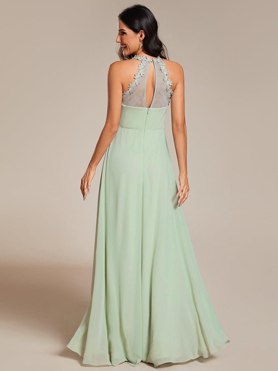 Backless Floral Halter Neck Pleated Bridesmaid Dress with V-Neck #color_Mint Green