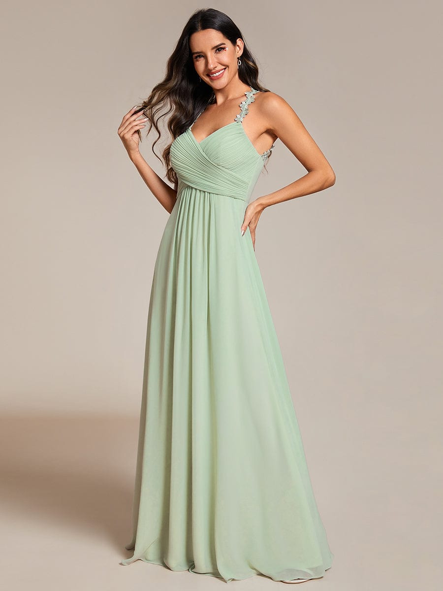 Backless Floral Halter Neck Pleated Bridesmaid Dress with V-Neck #color_Mint Green