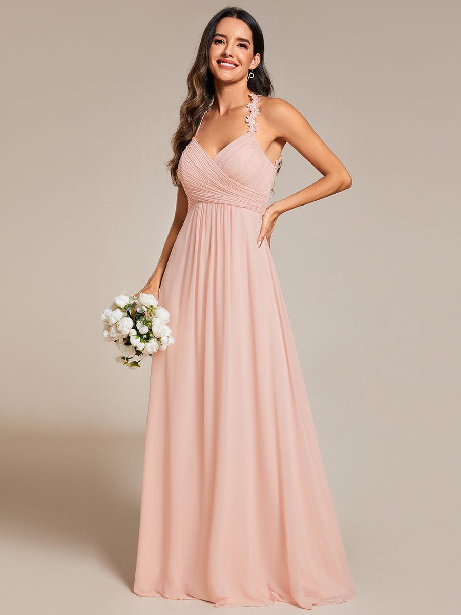 Backless Floral Halter Neck Pleated Bridesmaid Dress with V-Neck #color_Pink