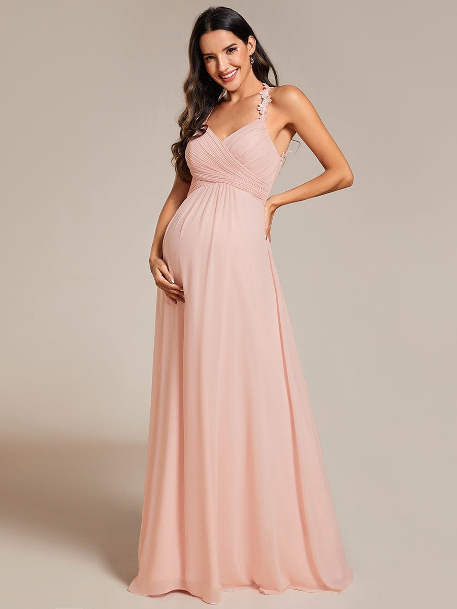 Backless Floral Halter Neck Pleated Bridesmaid Dress with V-Neck