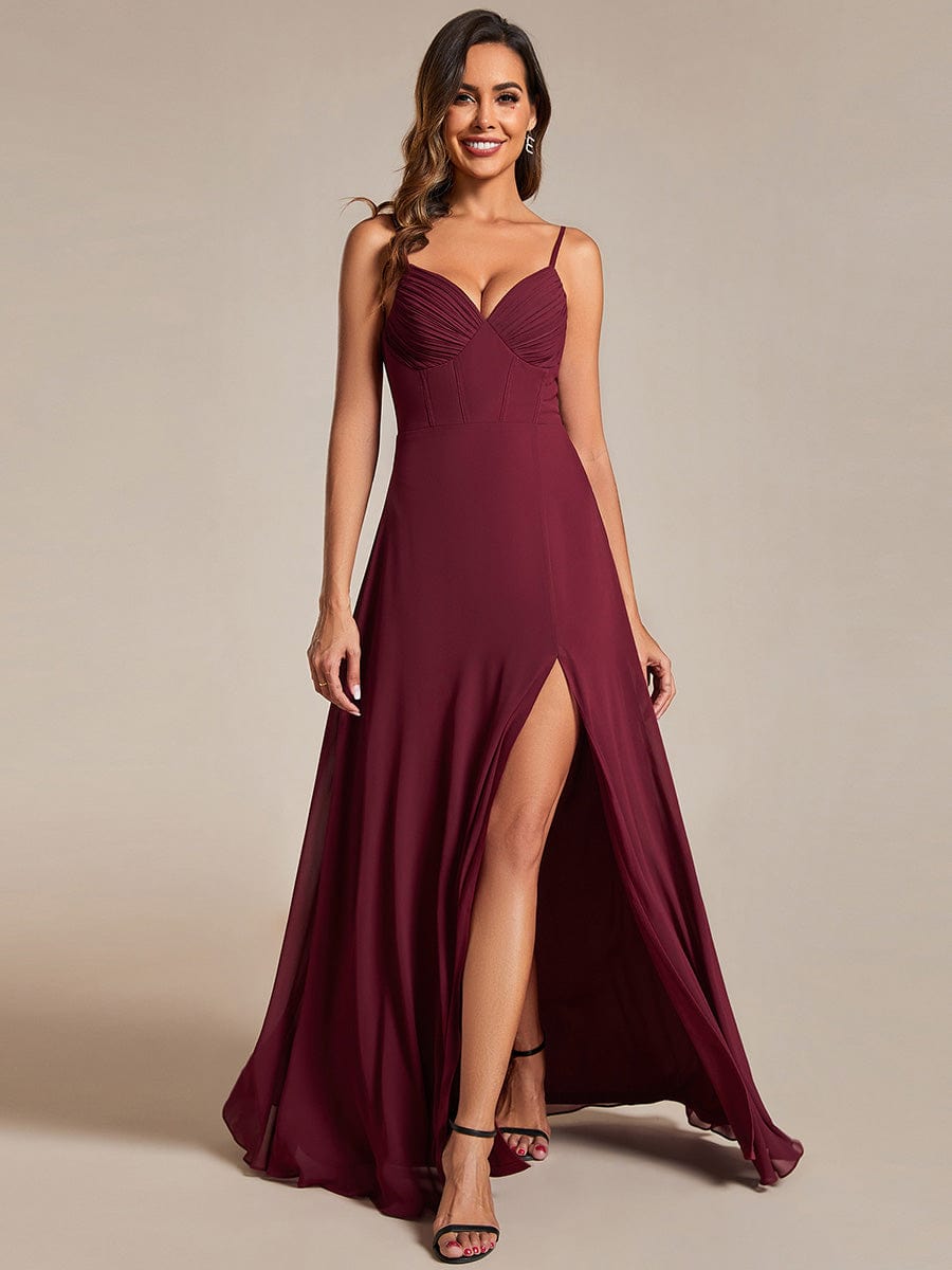 V-Neck Spaghetti Strap Chiffon Bridesmaid Dress with High Slit #color_Burgundy