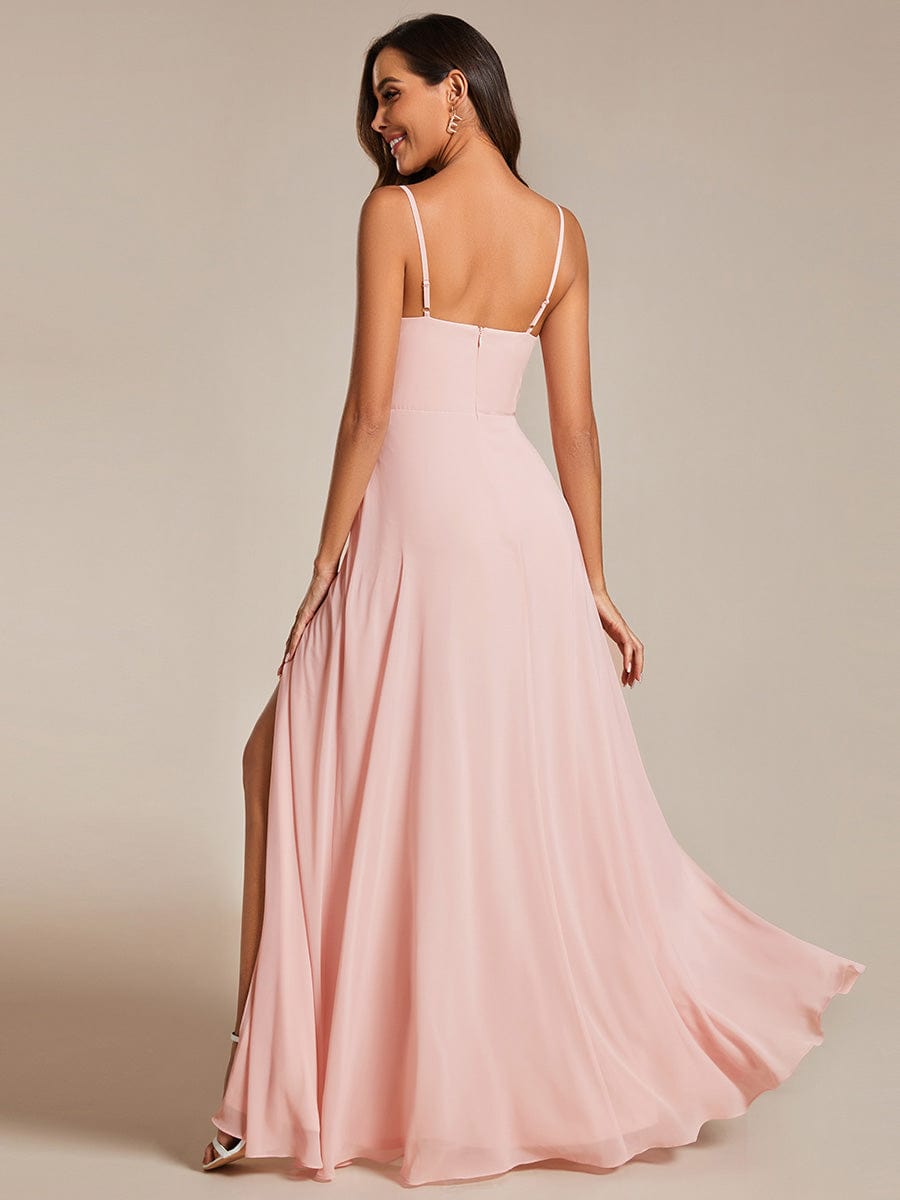 V-Neck Spaghetti Strap Chiffon Bridesmaid Dress with High Slit #color_Pink