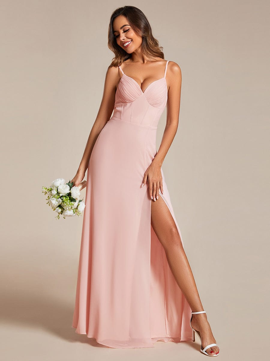 V-Neck Spaghetti Strap Chiffon Bridesmaid Dress with High Slit #color_Pink
