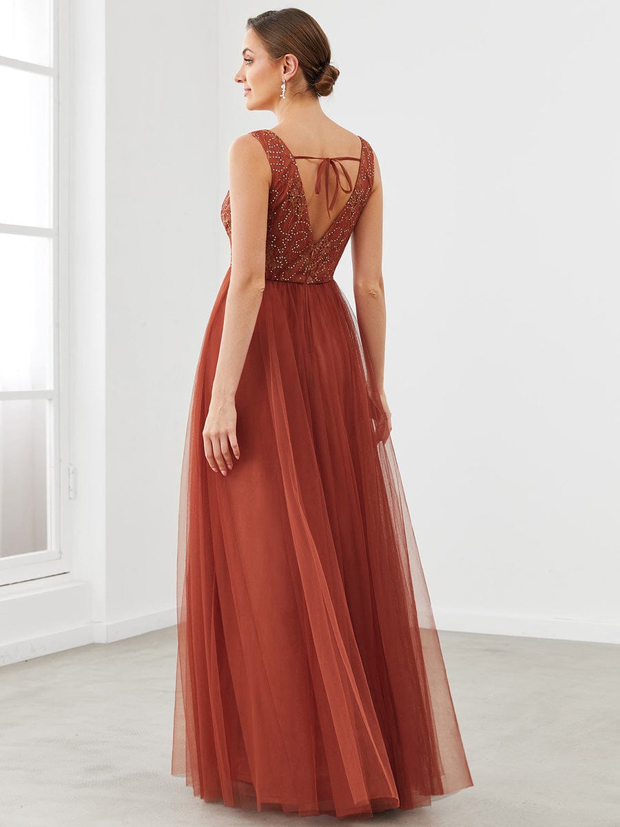 Lace V-Neck Sleeveless Tulle  A-Line Bridesmaid Dress #color_Brick Red