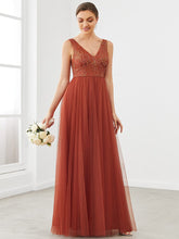 Lace V-Neck Sleeveless Tulle  A-Line Bridesmaid Dress #color_Brick Red