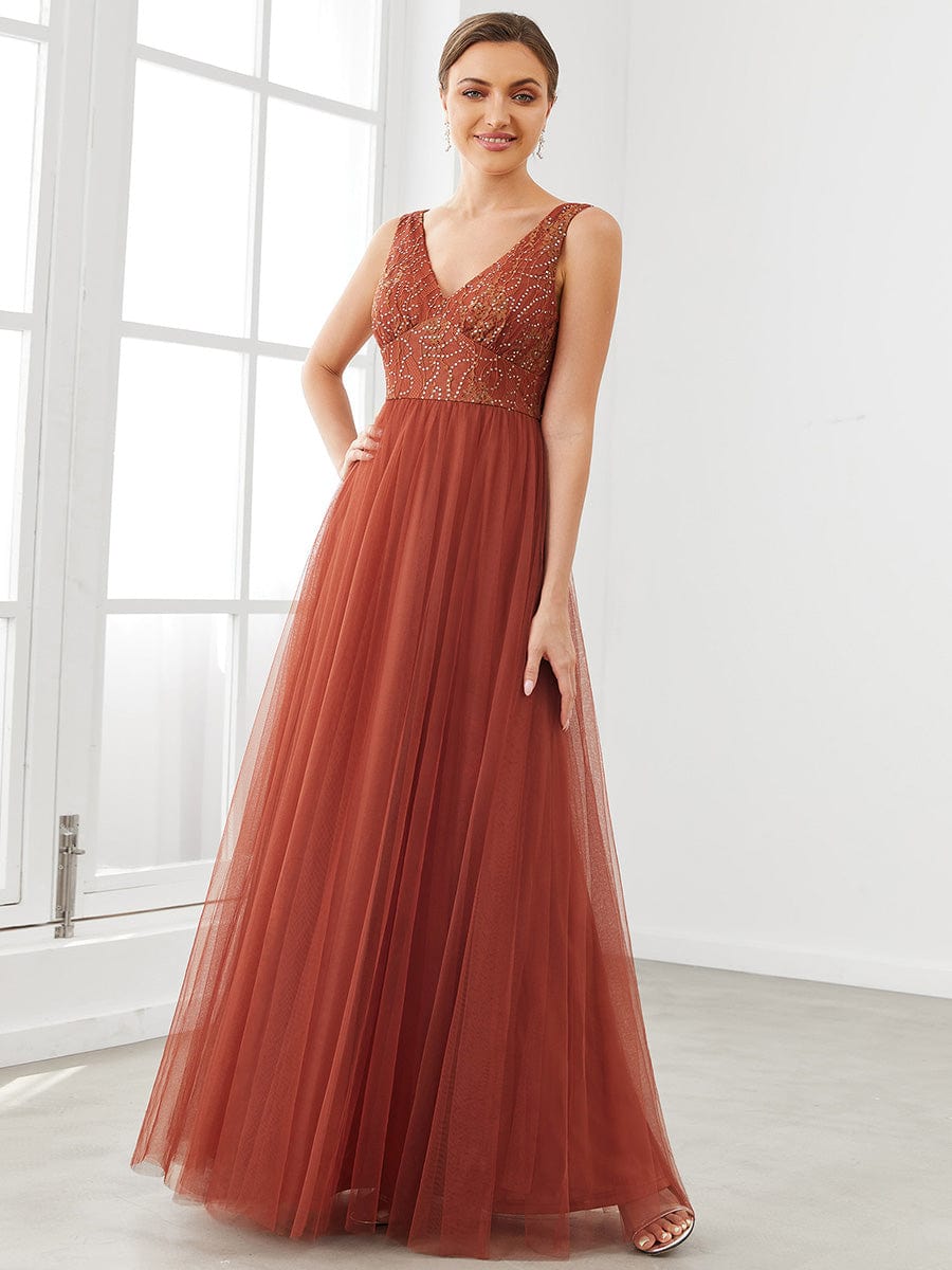 Lace V-Neck Sleeveless Tulle  A-Line Bridesmaid Dress