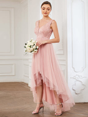 Lace Illusion Panel Sleeveless Tulle High Low Bridesmaid Dress