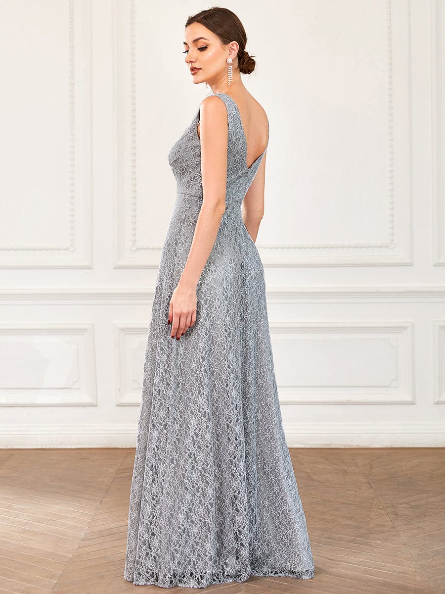 Sleeveless Lace Chiffon Front Slit A-Line Bridesmaid Dress #color_Grey