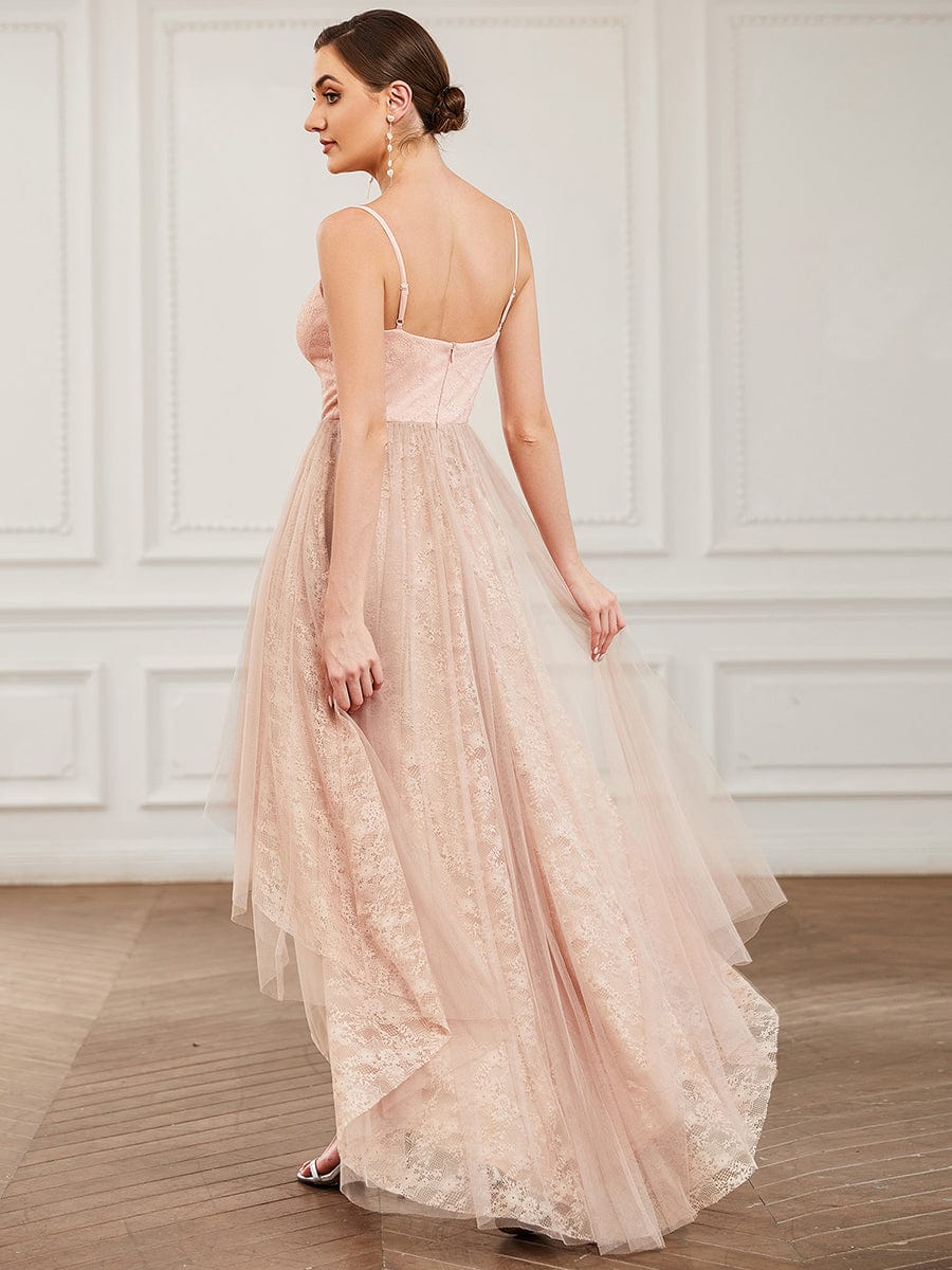 Lace Sweetheart Spaghetti Strap High Low Bridesmaid Dress #Color_Blush