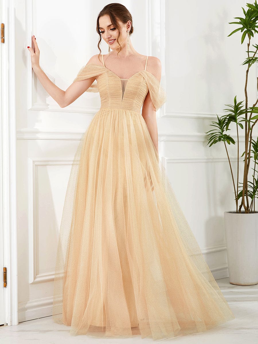 Tulle A-Line Cold Shoulder Spaghetti Strap Bridesmaid Dress #color_Gold