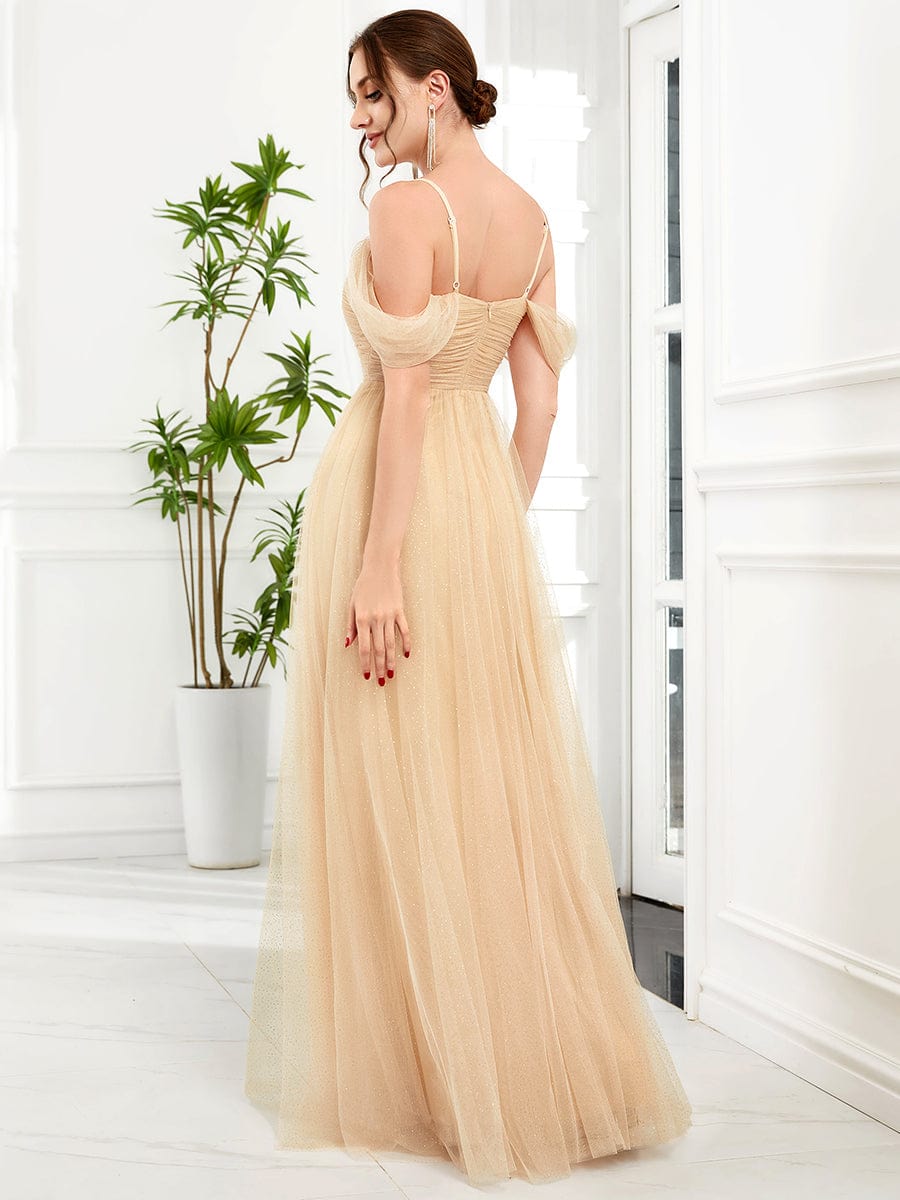 Tulle A-Line Cold Shoulder Spaghetti Strap Bridesmaid Dress #color_Gold