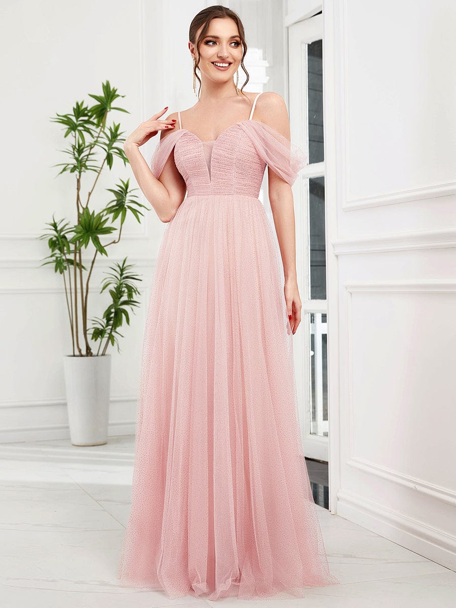 Tulle A-Line Cold Shoulder Spaghetti Strap Bridesmaid Dress #color_Pink
